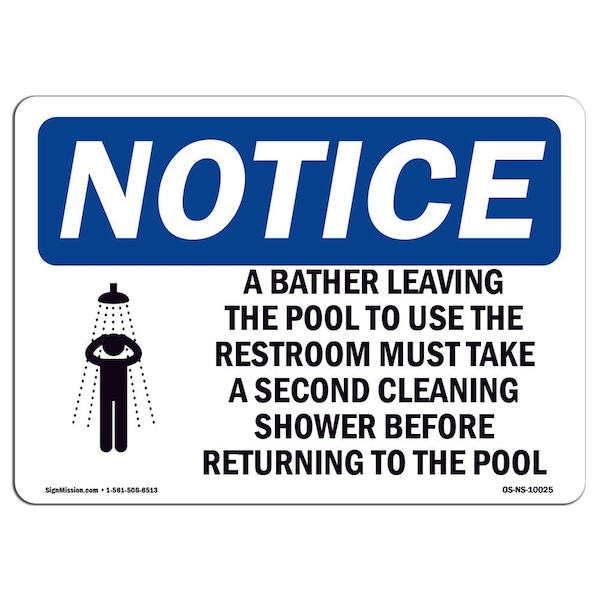 OSHA Notice Sign, 7" Height, Aluminum, A Bather Leaving The Pool To Sign With Symbol, Landscape